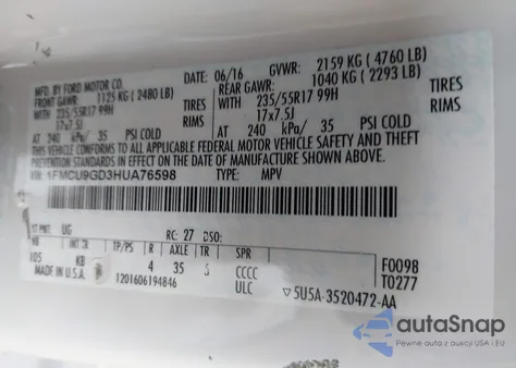 2017 Ford Escape Se из США, поврежденный, VIN 1FMCU9GD3HUA76598